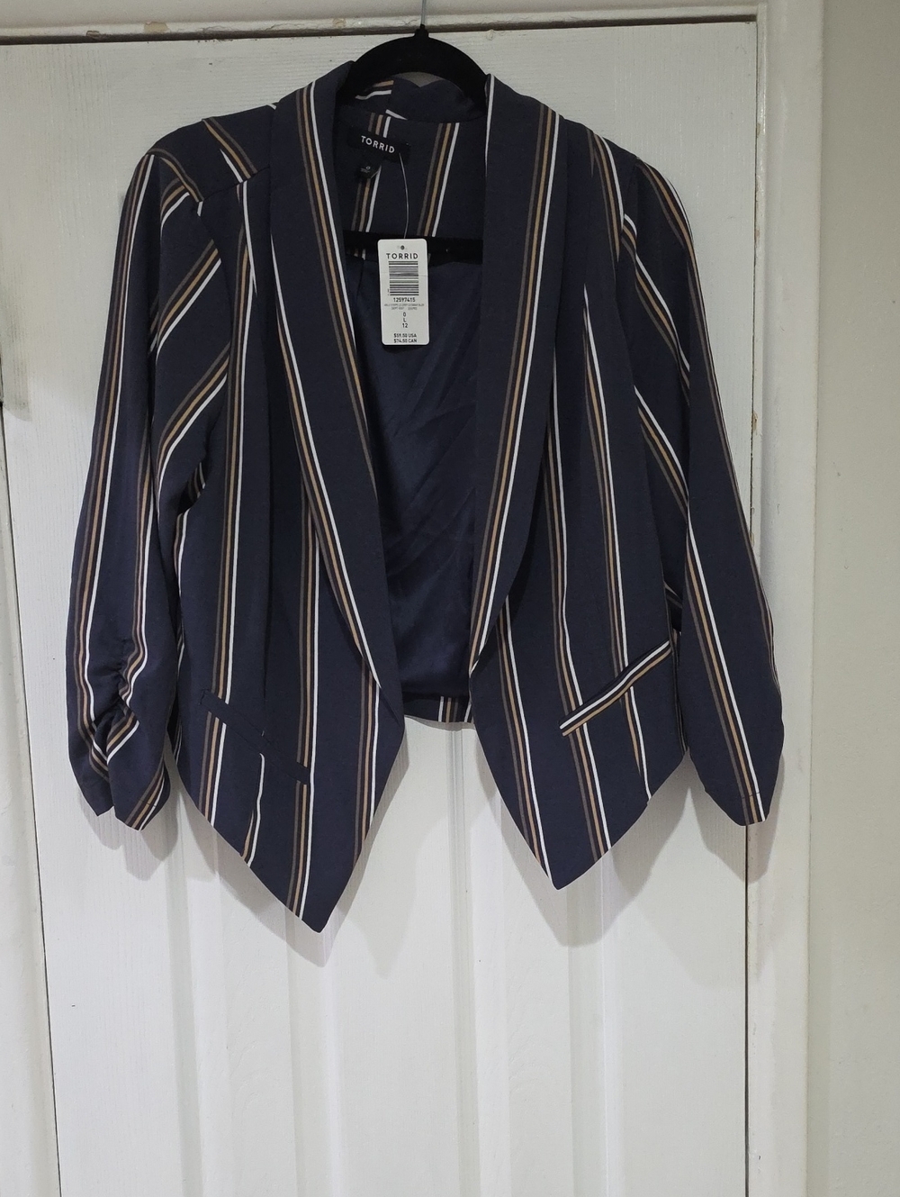 torrid Navy Striped Open Drape Blazer with Cream & Tan Stripes